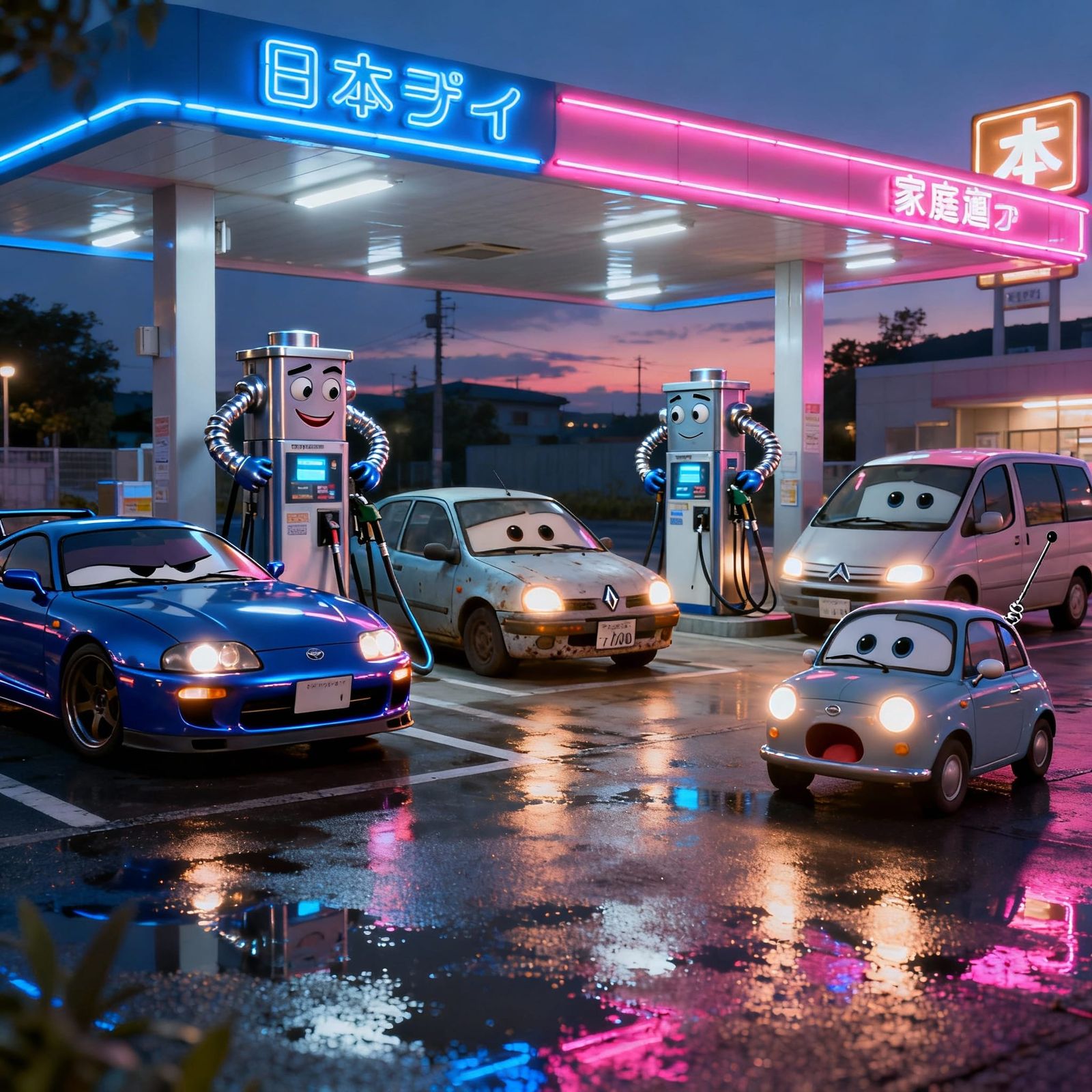 Japanese Gas Station Dusk Scene with Expressive Cars and Pum...