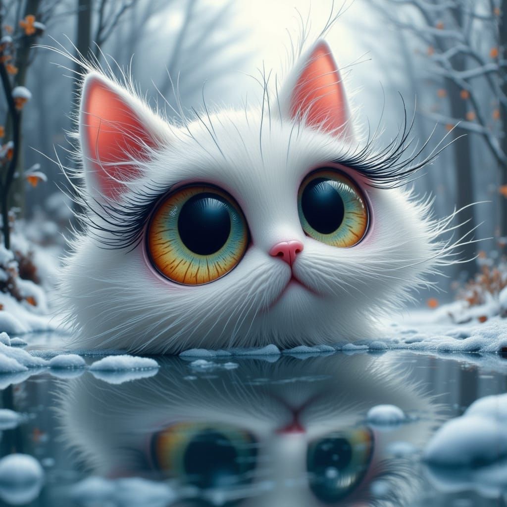 Whimsical Cat's Big Eyes Reflecting Winter Lake in Harmoniou...