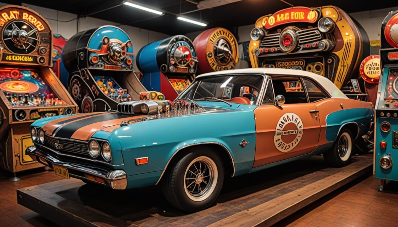 Rat Rod Muscle Car Crashes Through Pinball Machine