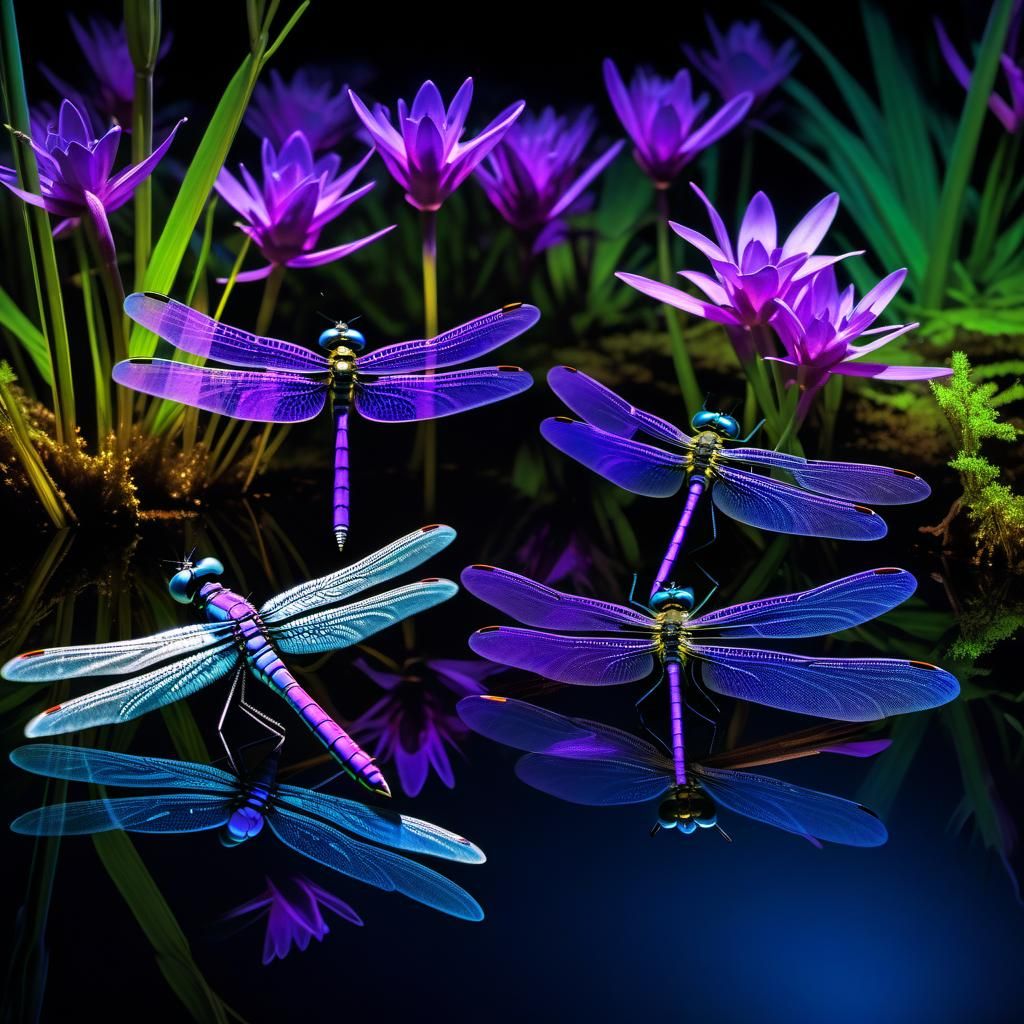 Bioluminescent Dragonflies and Toad in Purple Pond