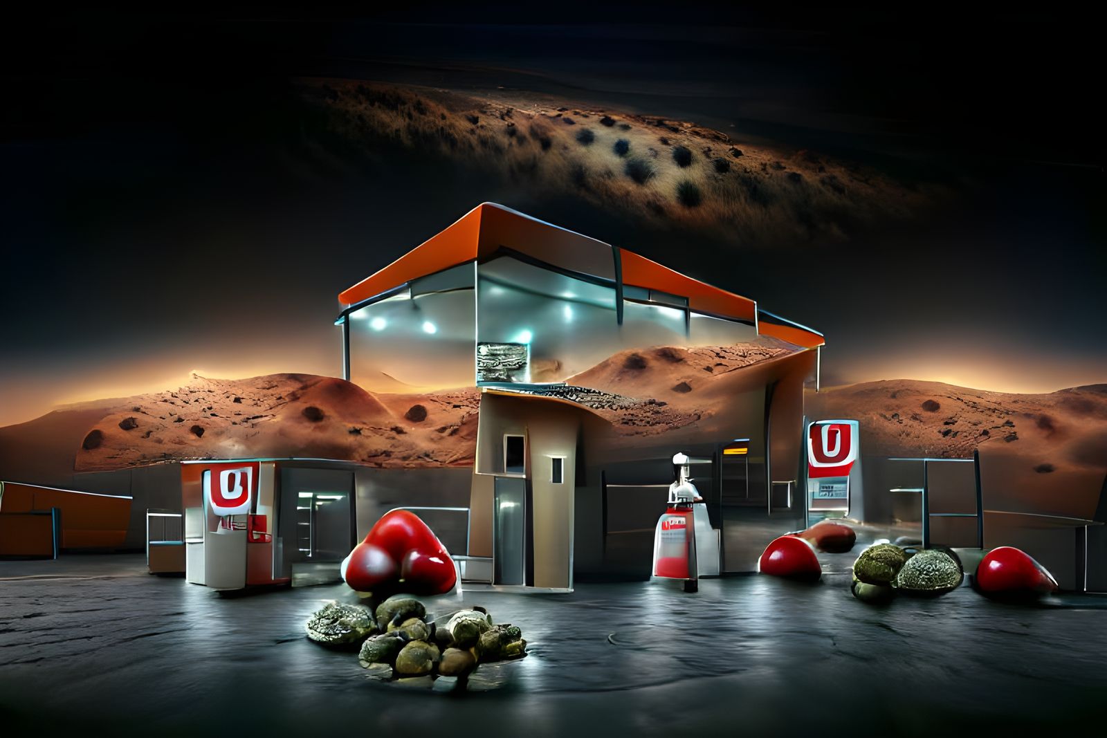 Ultrarealistic Gas Station on Mars Overlooking the Universe