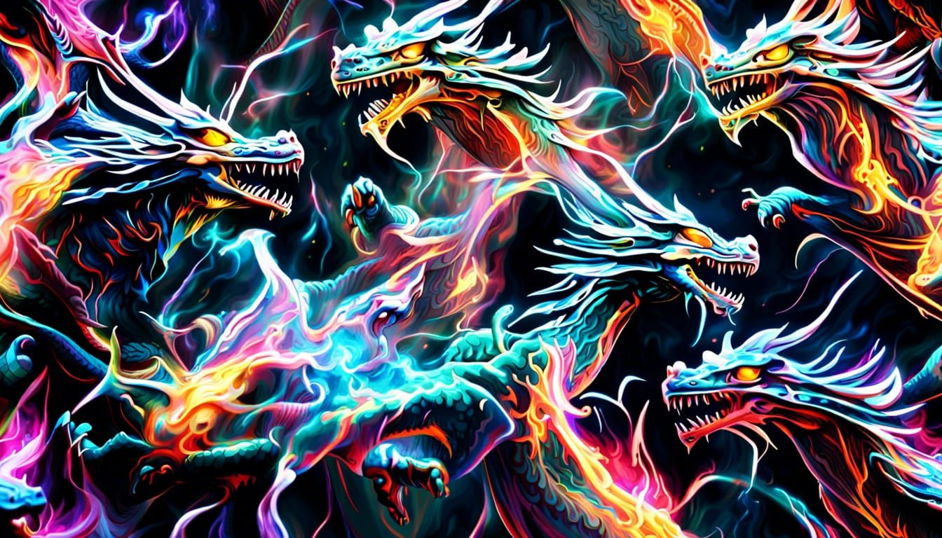 Electric Lightning Dragons Rising: 3D Holographic Art
