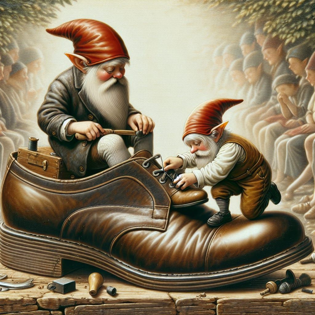 Gnomes Repairing Shoes with Great Detail