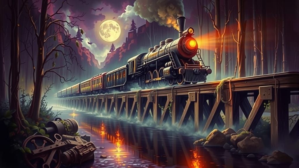 Retro-Futuristic Steampunk Train Under Warm Moonlight