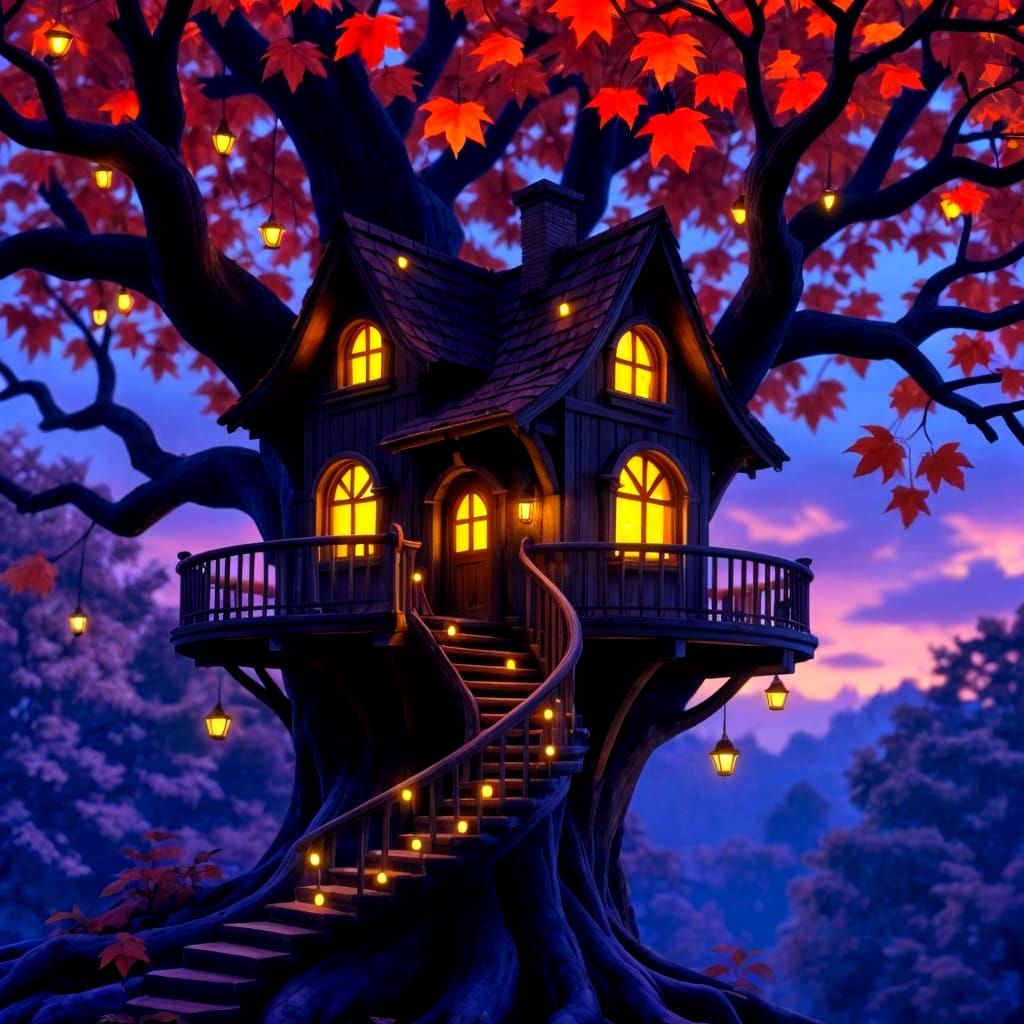Cozy Autumn Treehouse in Twilight