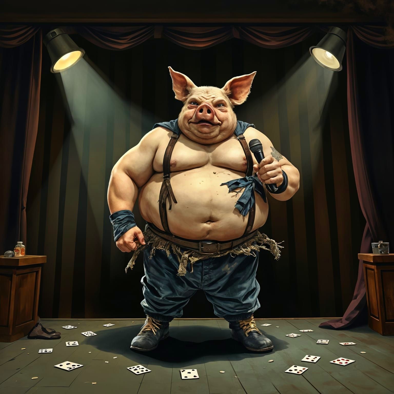 Melancholy Pig-Man Wrestler on Cabaret Stage