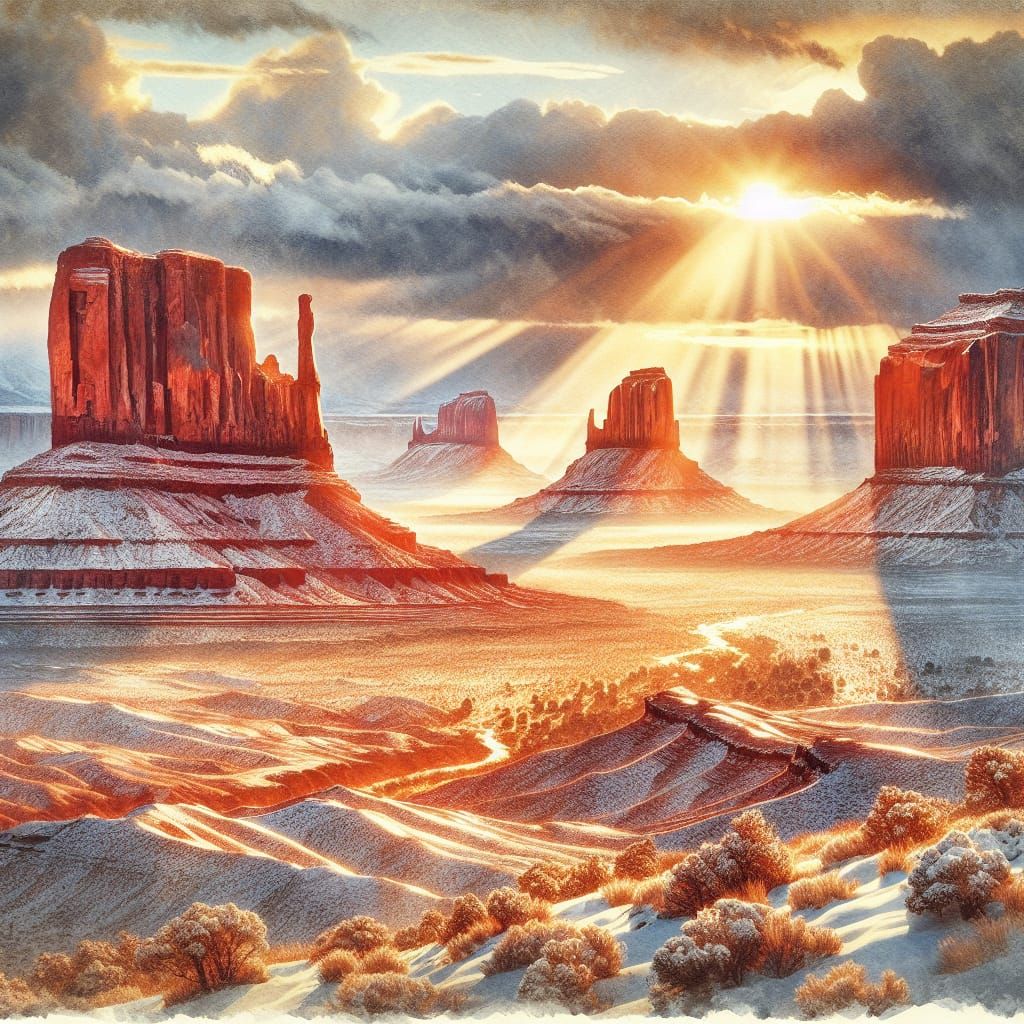 Winter Sunset Over Red Rock Formations in Monument Valley