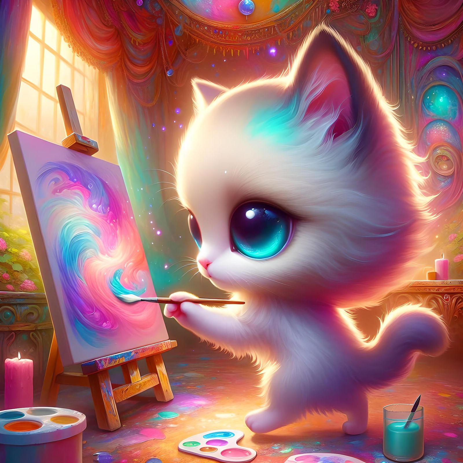 Chibi Kitten Creates Art in Watercolor Studio