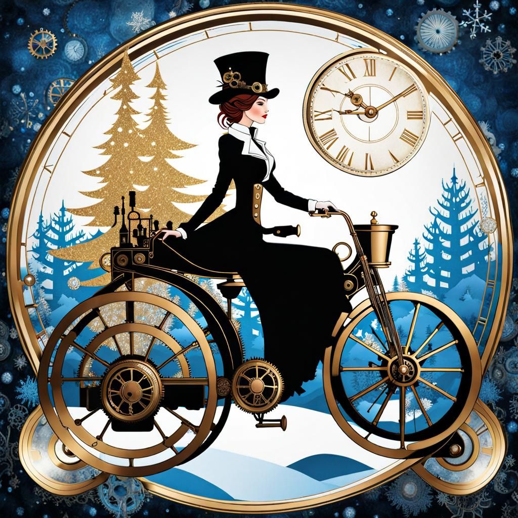 Steampunk Woman Rides Clockwork Bicycle in Winter