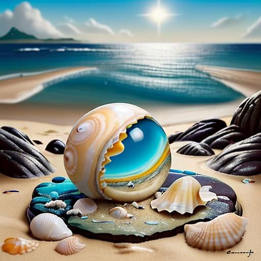 Seashells on Sunlit Beach as Colorful Oil Painting