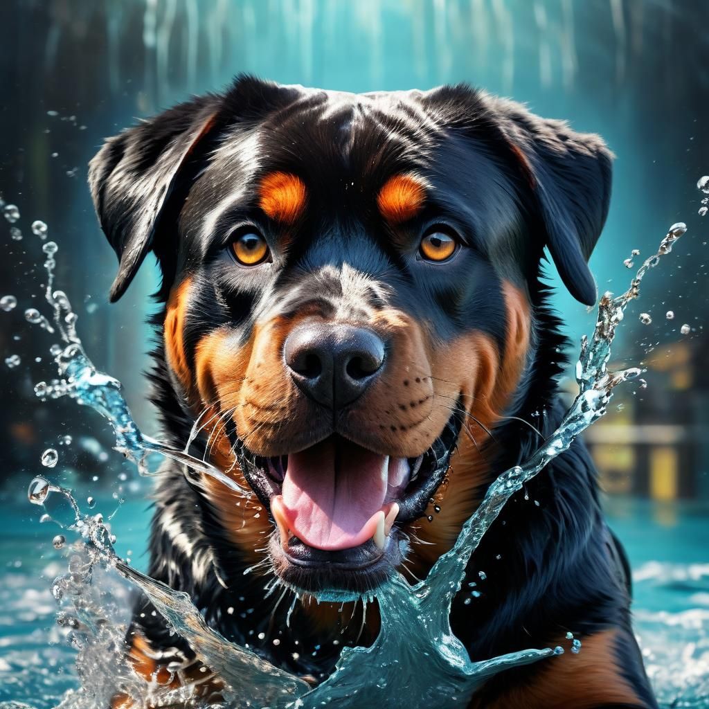 Rottweiler Dog Underwater Playing Ball, Splash Art