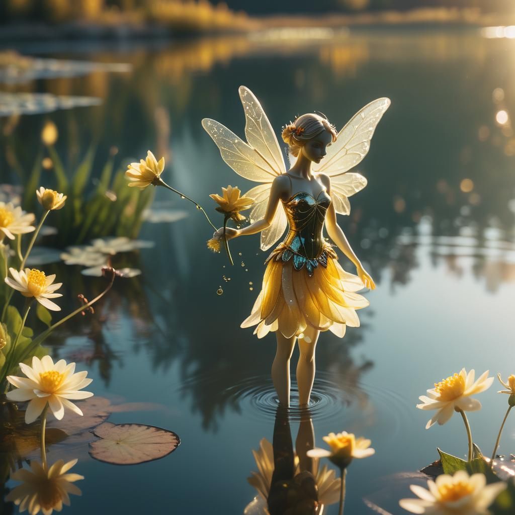 Fairy Landing on Flower in Golden Hour Sunlight