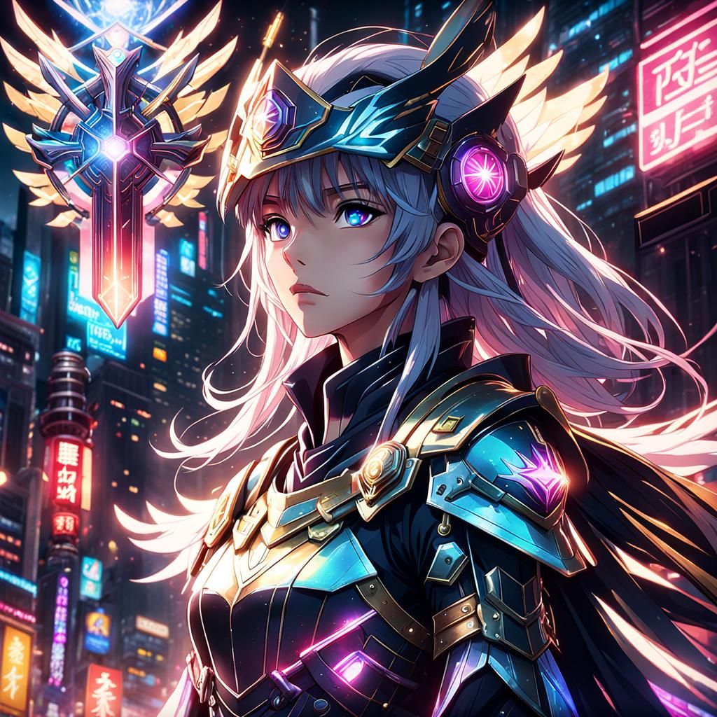 Cyberpunk Anime Paladin in Shimmering Light
