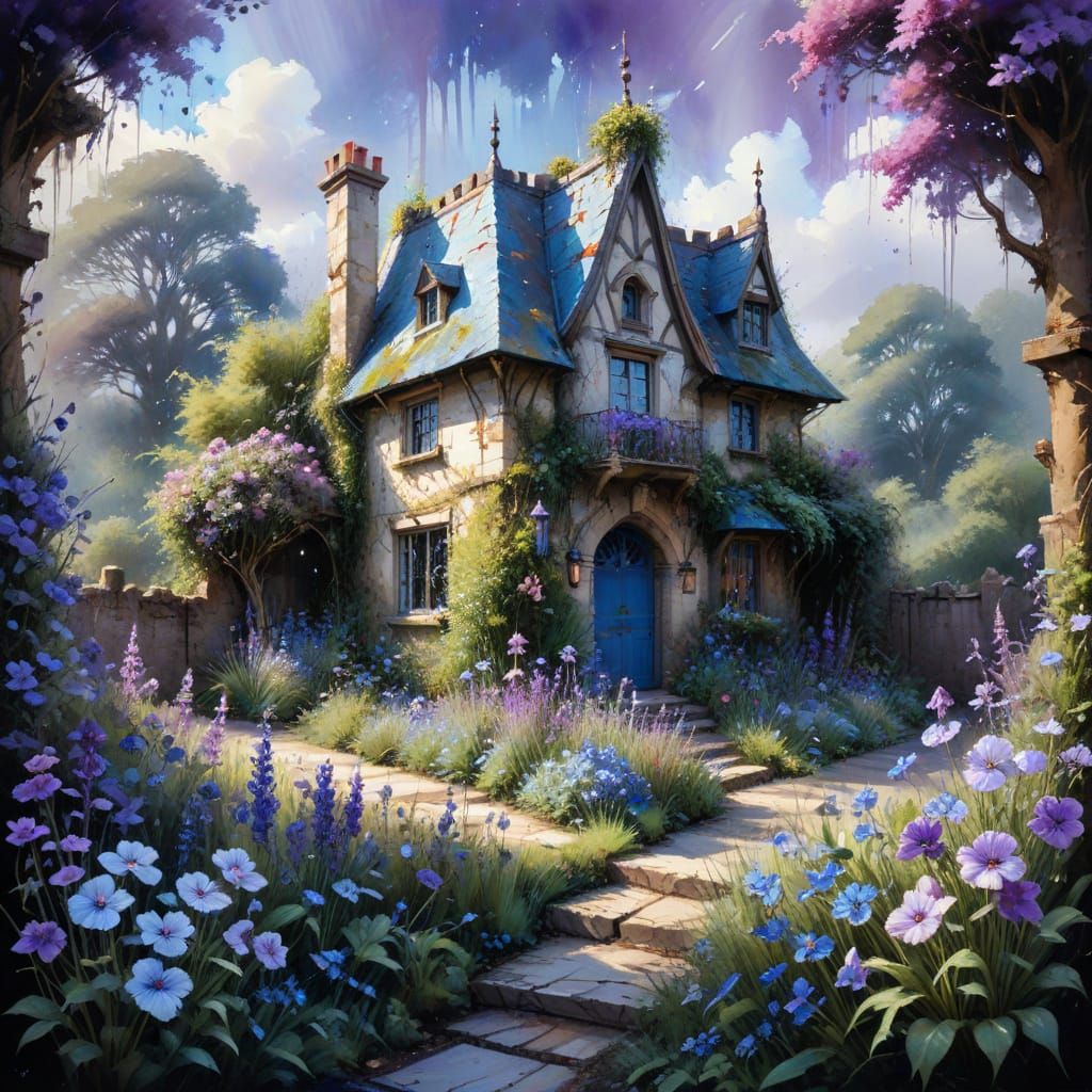 Miniature Castle Cottage in Hyperrealistic Garden