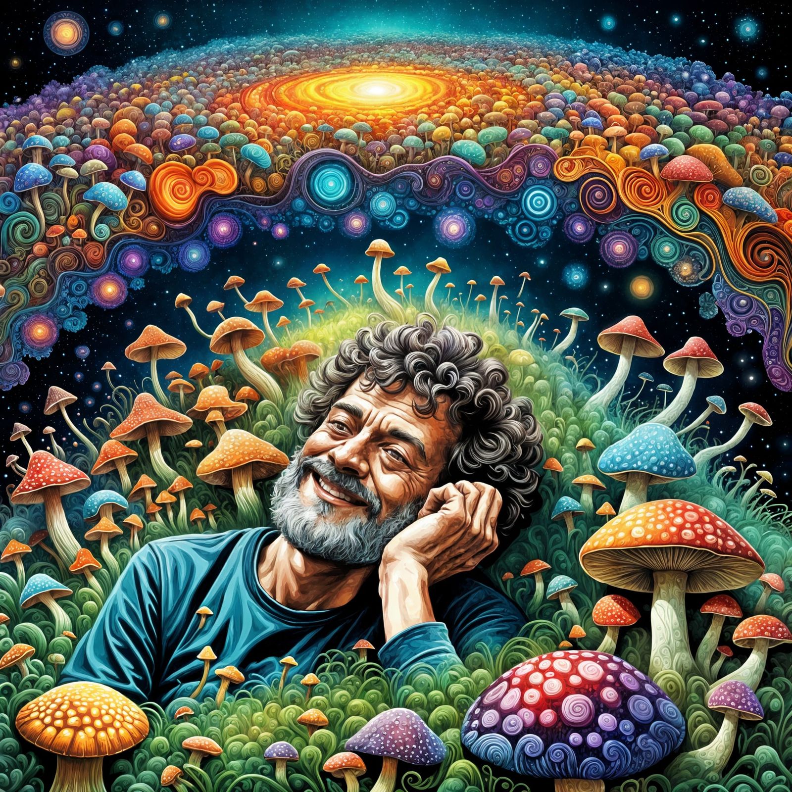 Terence McKenna in a Vibrant Field of Mushrooms