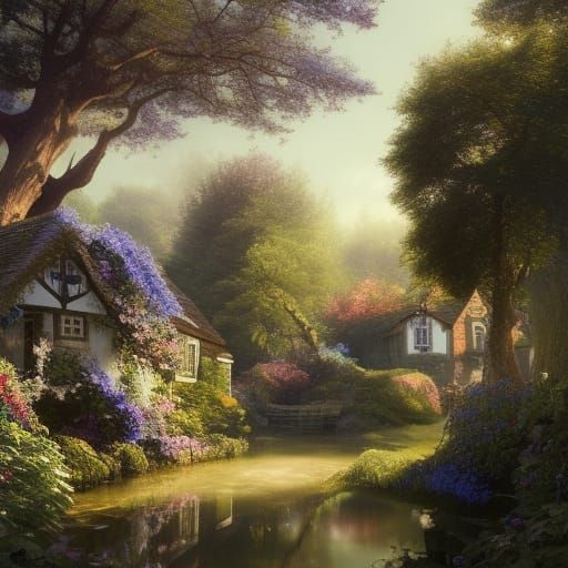 Cottagecore Village with Flower Garden, Dark Fantasy Art