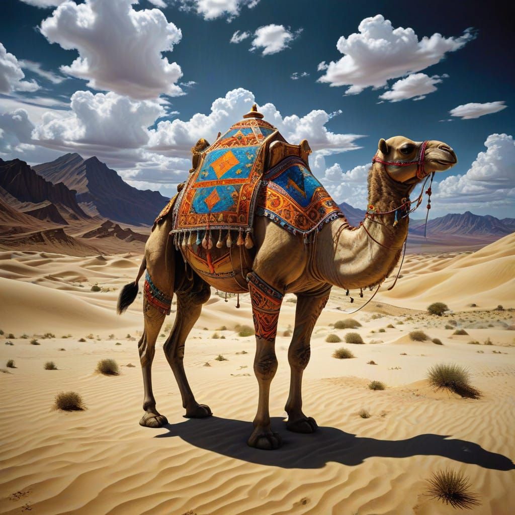 A Camel Burdened by the World's Weight in a Surrealist Lands...