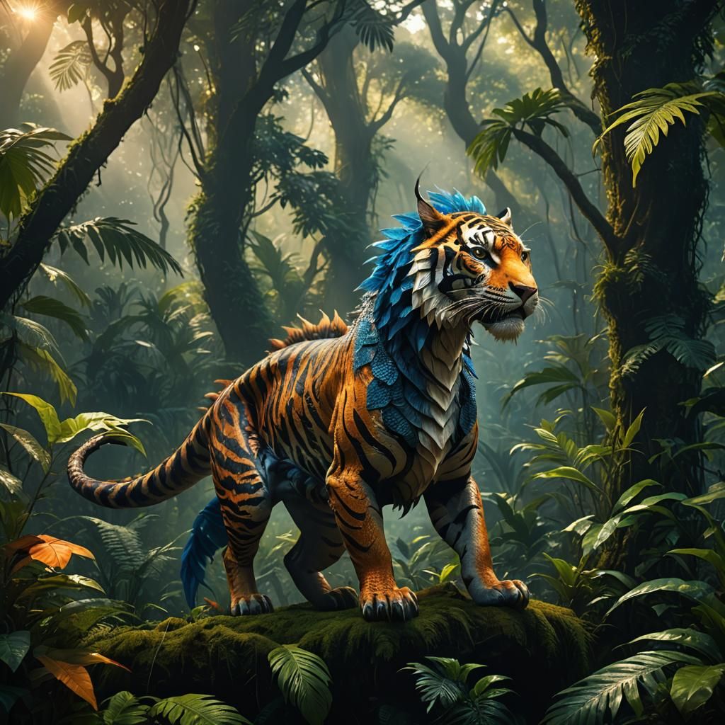 Dragon-Tiger Hybrid in Amazon Jungle, Fantasy Concept Art