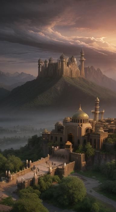 Scenic Islamic Village Panorama at Sunset