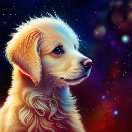 Holographic Cosmic Puppy Illustration in Mixed Media