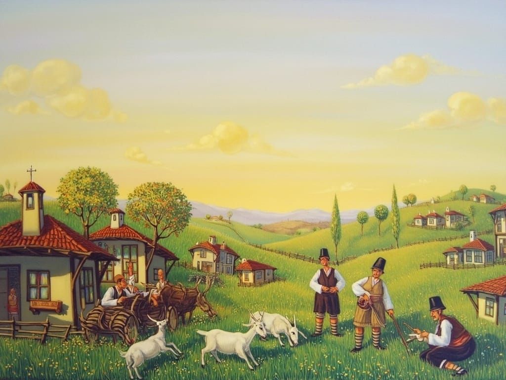 Bulgarian Village Scene in Naive Art Style