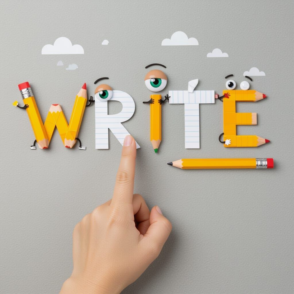 AI Art: Eye Finger Points to Pencil-Written Word