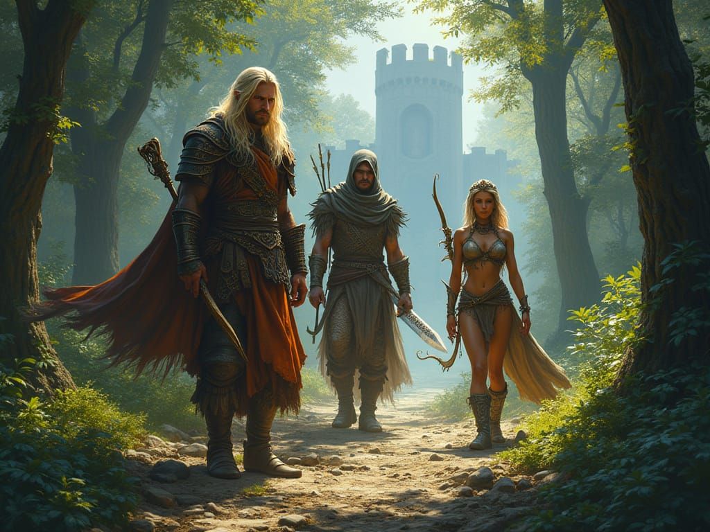 Adventurers on Forest Trail: Hyper-Realistic Matte Painting