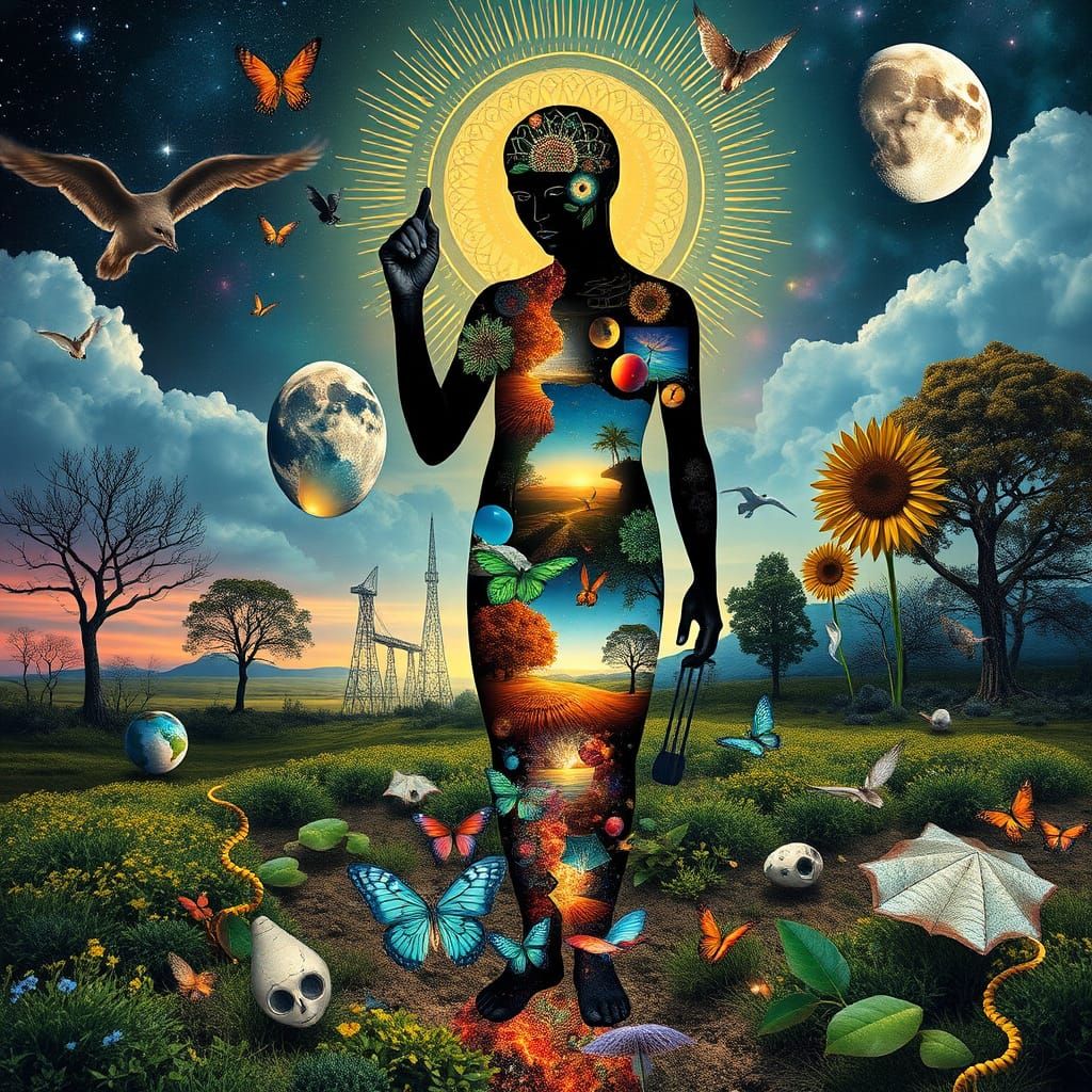 Surreal Bio Art Landscape with Whimsical Figure in Harmony w...