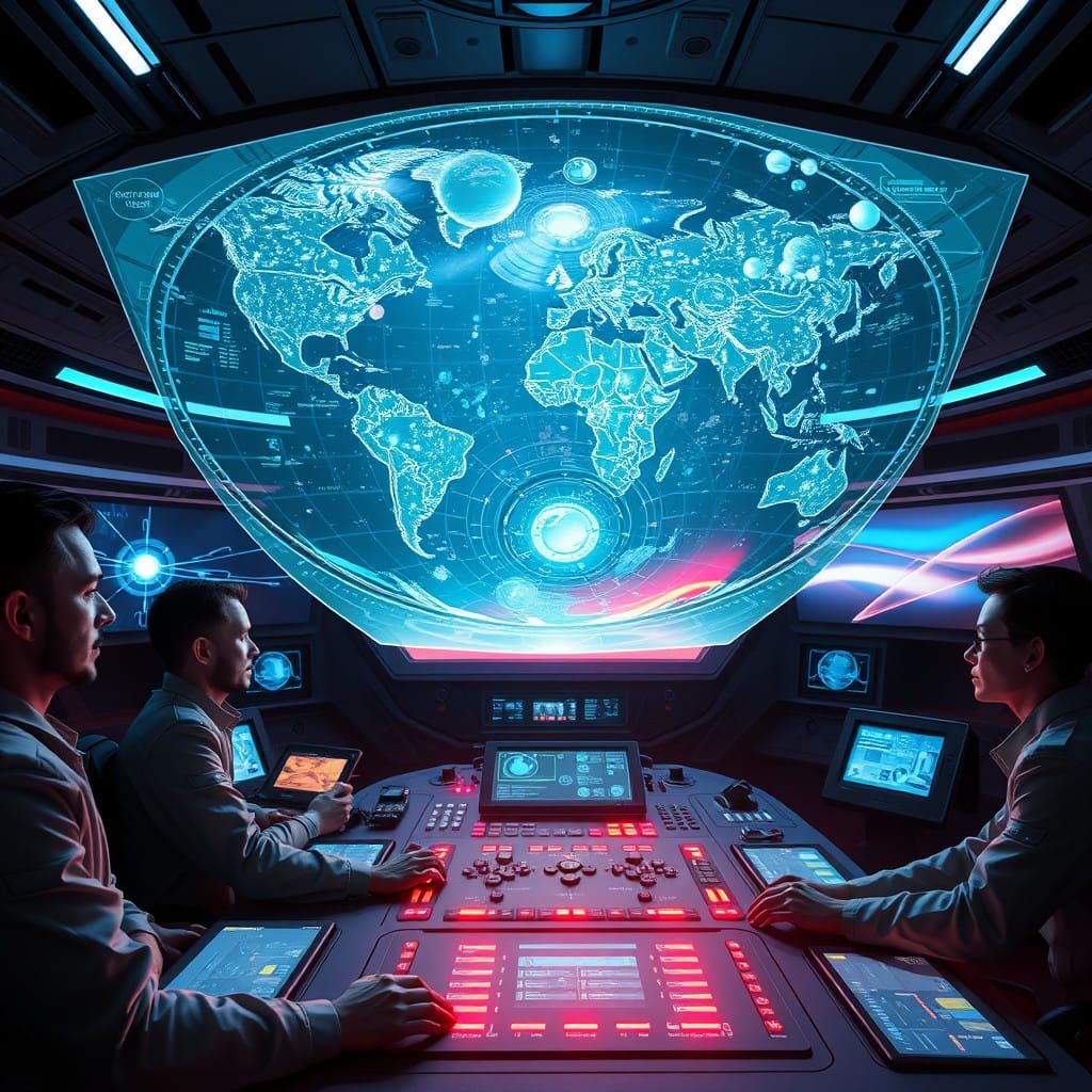 Futuristic War Room with Holographic Galactic Map Projection
