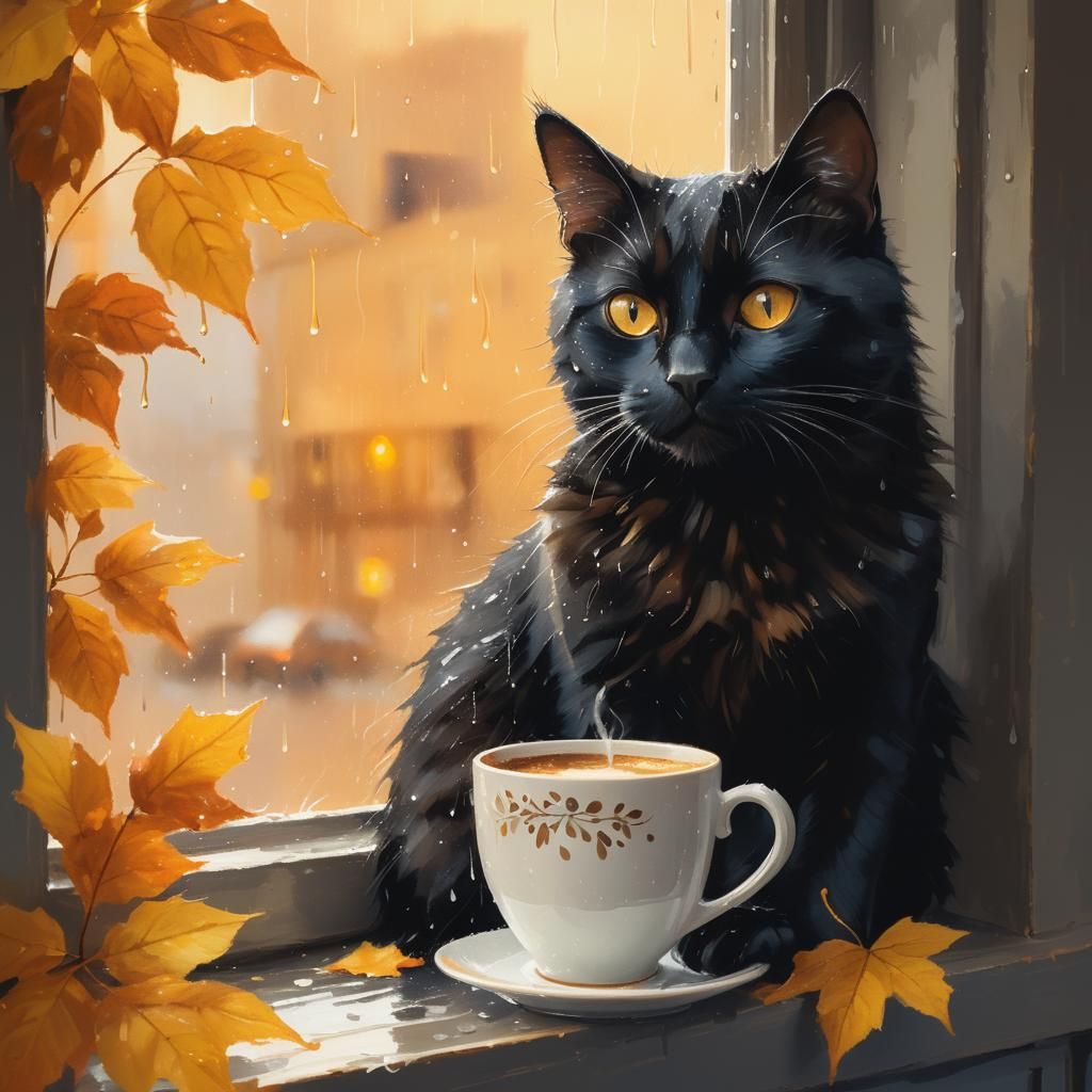 Black Cat Sipping Coffee: Impressionist Window Scene