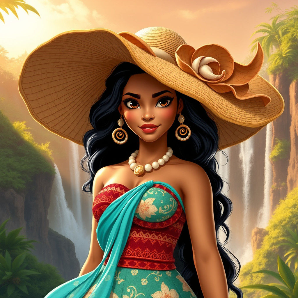 Moana Portrait with Floral Hat in Digital Art Style