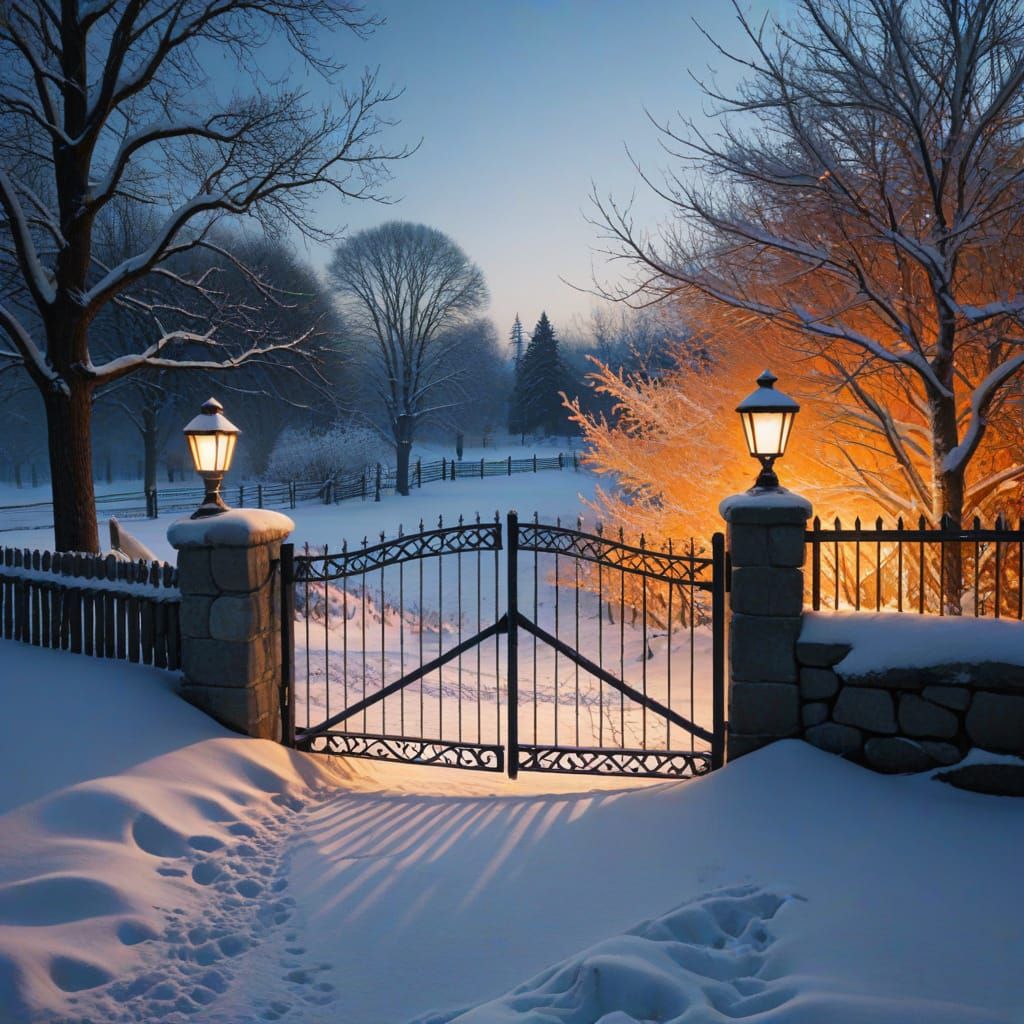 Cozy Winter Snowscape with Stone Fence and Warm Light