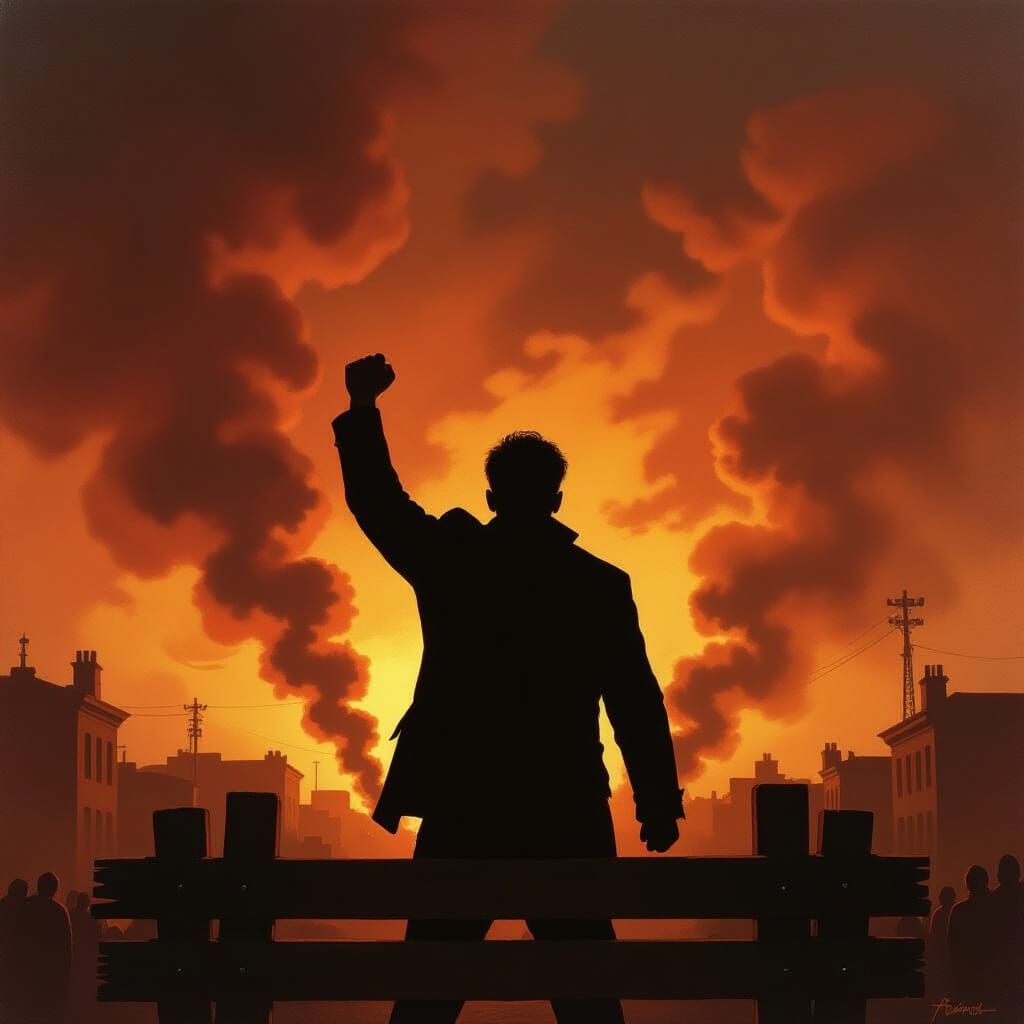 Defiant Silhouette Against Fiery Sky in Oil Painting Style