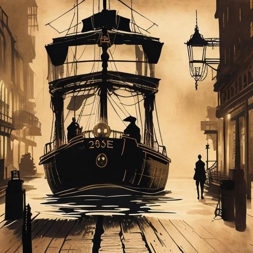 Steampunk Boat Silhouette on the Thames in Ink