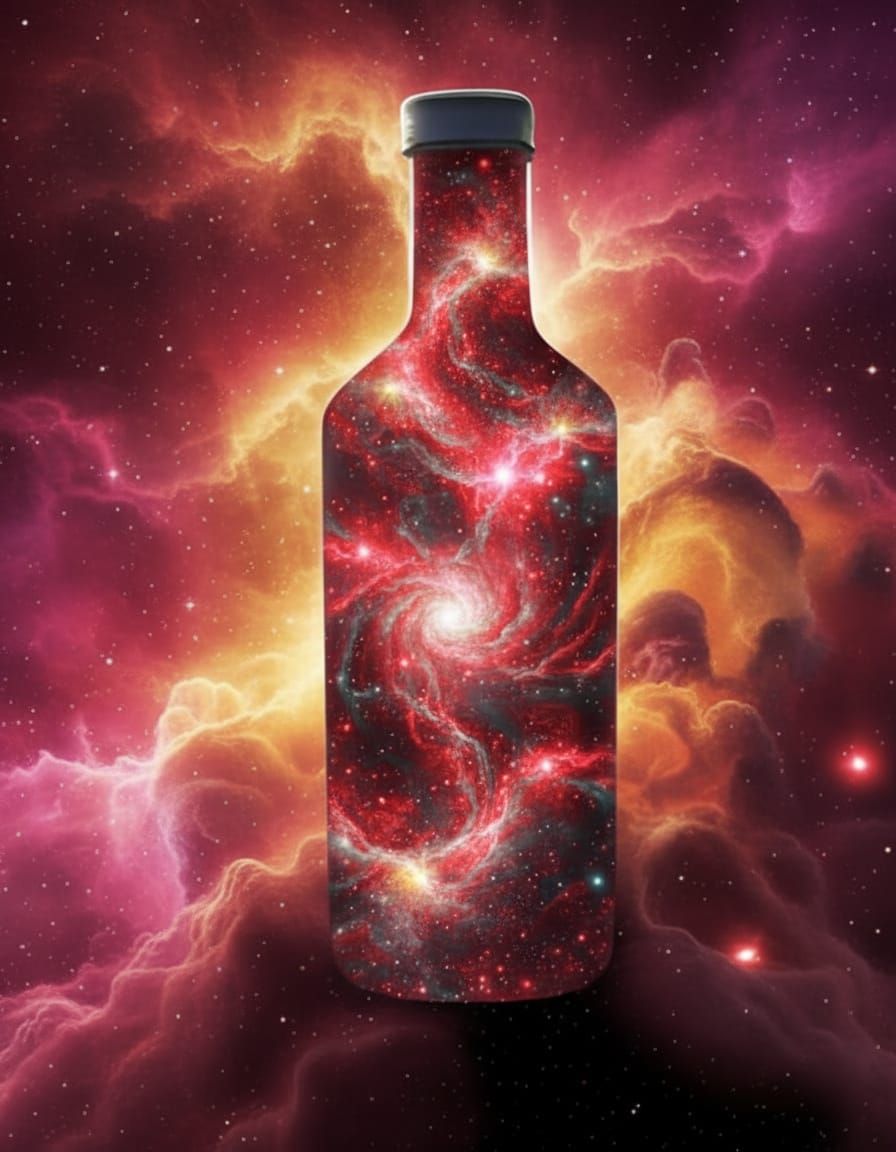 Cosmic Bottle With Galaxies in Vivid Gold and Red Tones