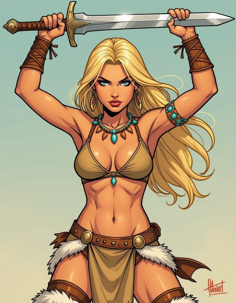 Dynamic Woman Warrior with Sword in Fantasy Art Style