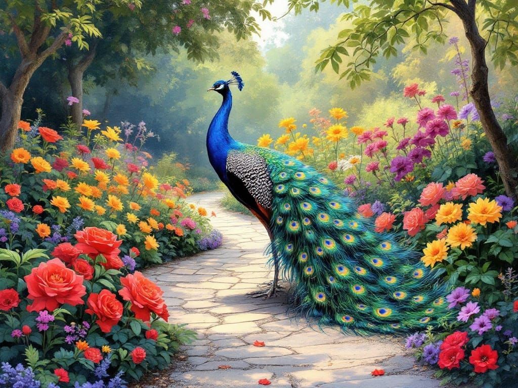 Vibrant Peacock in a Whimsical City Garden