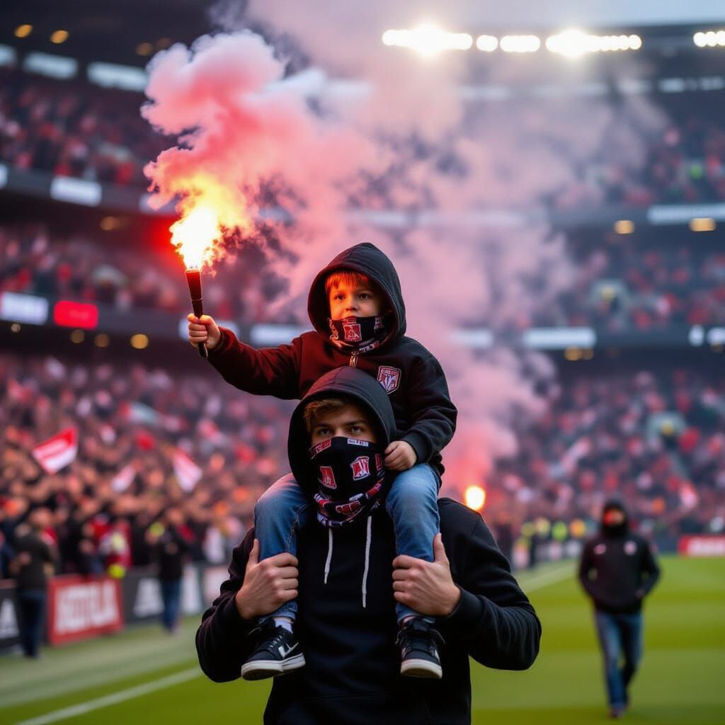 Man Carries Boy with Flare in Packed Football Stadium