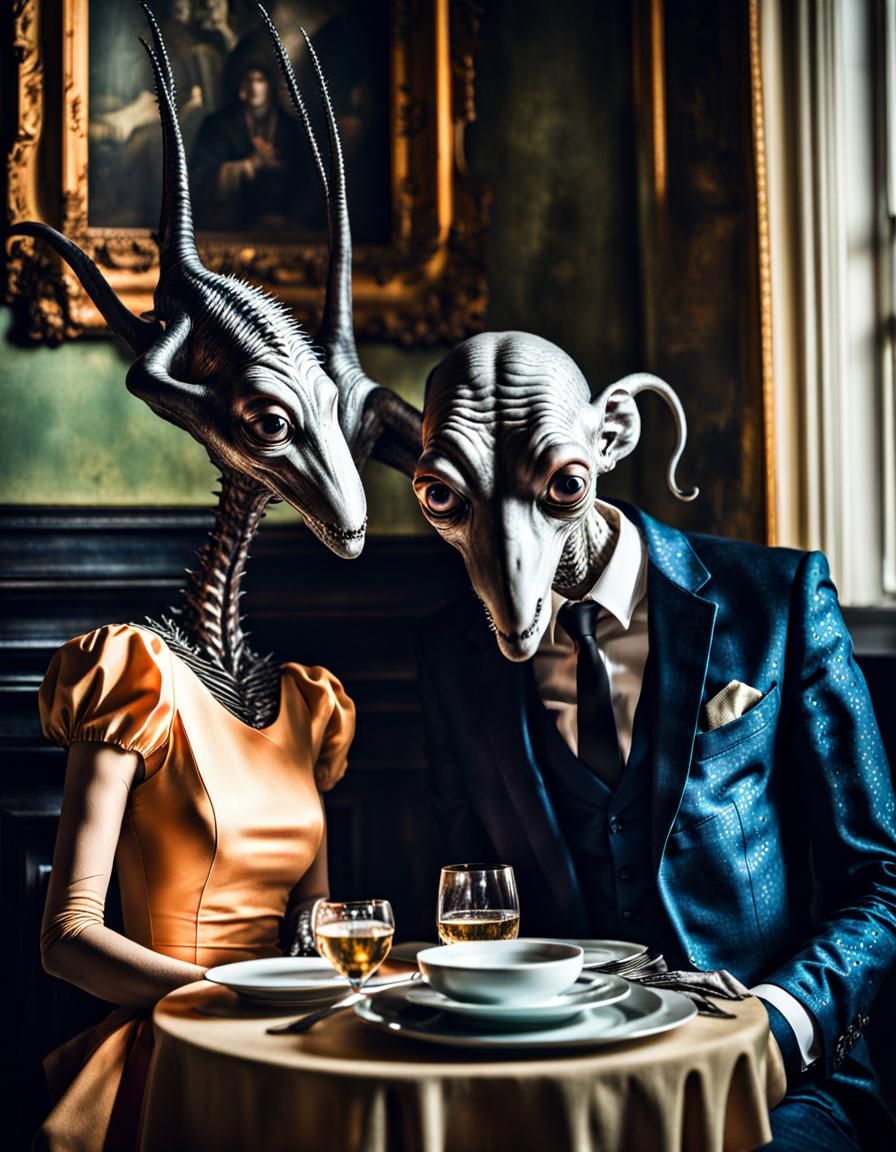 Surreal Alien Celebration in Gritty Restaurant