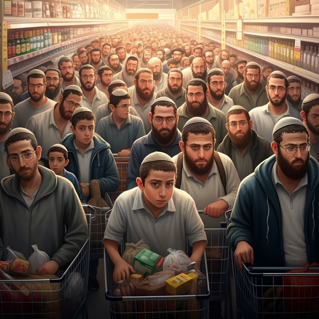 Realistic Digital Painting of Israeli Men in Supermarket Que...