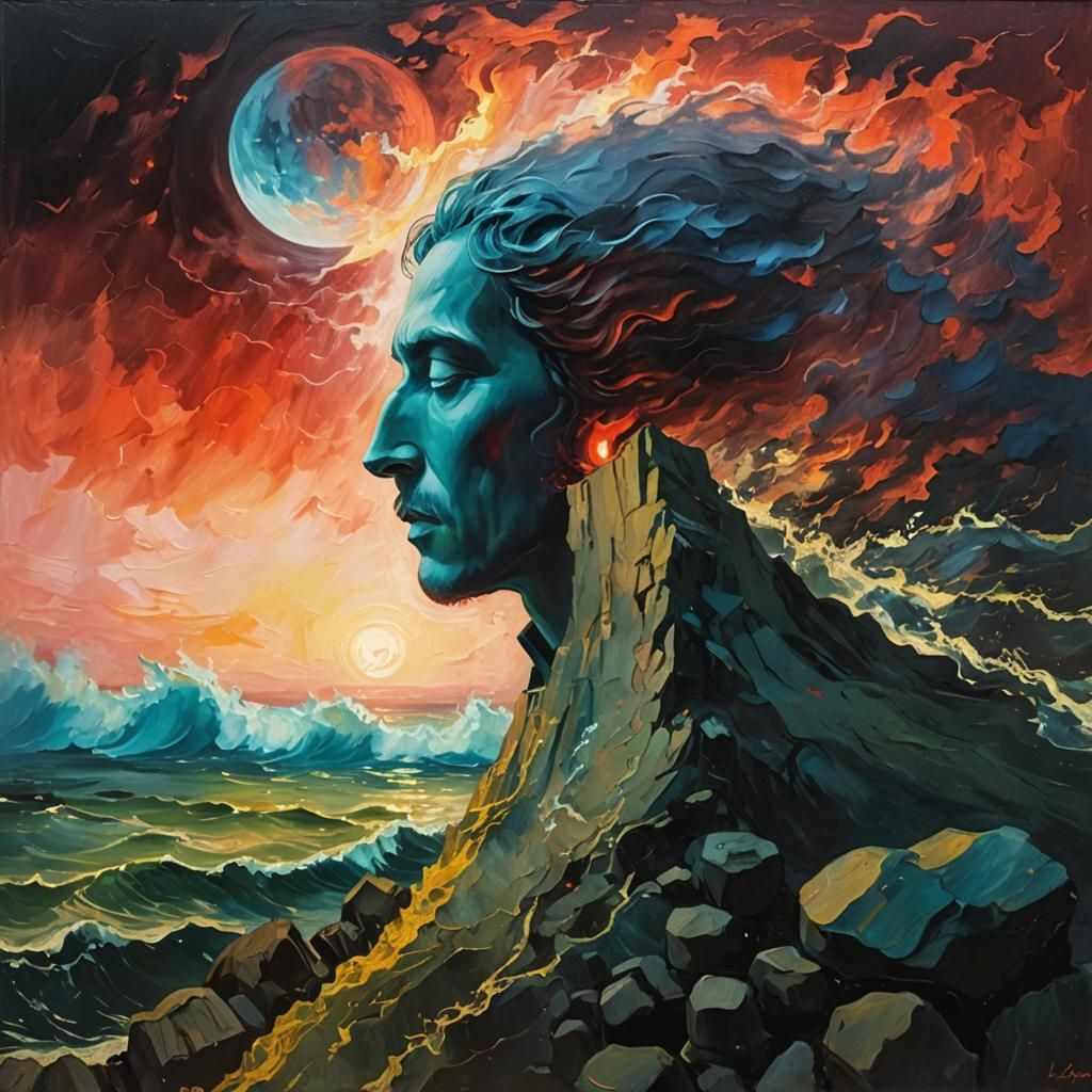 Red Moon Over Ocean as Expressionist Oil Painting