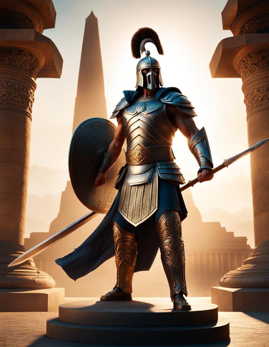Heroic Ancient Warrior in Front of Monuments