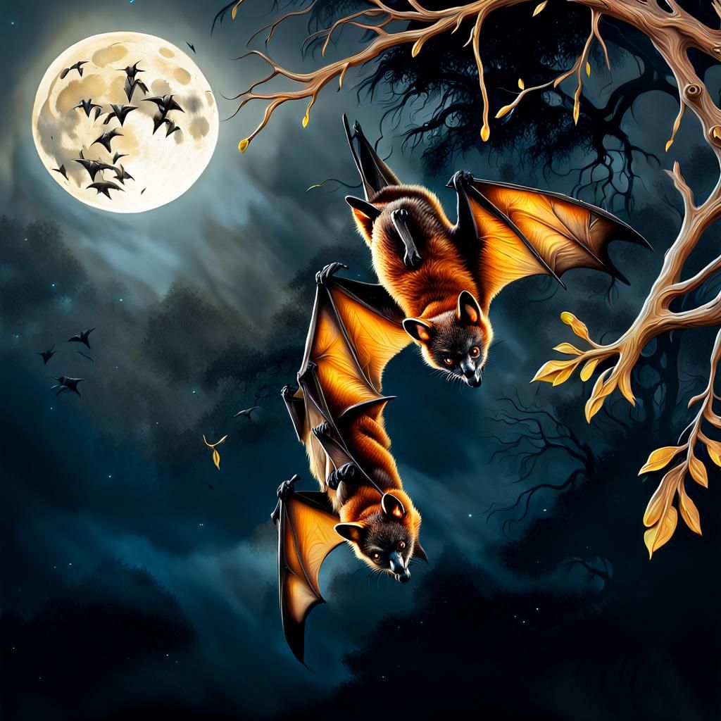 Australian fliying foxes hanging head down from a tree branch in fullmoon night scene reflecting at a puddle. Typical Ve...