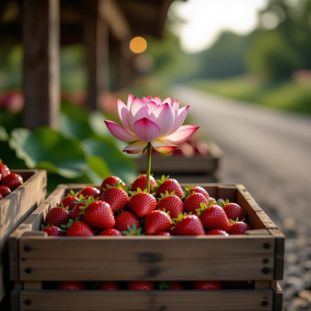 Lotus Blooms Among Strawberries: A Photorealistic Still