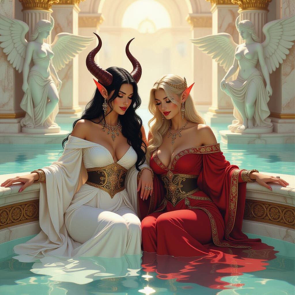 Tiefling and Elf in Roman Bath, 90s Fantasy Art