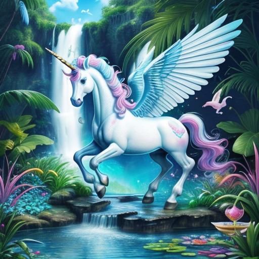 Detailed Unicorn-Pegasus in Magical Candyland Garden