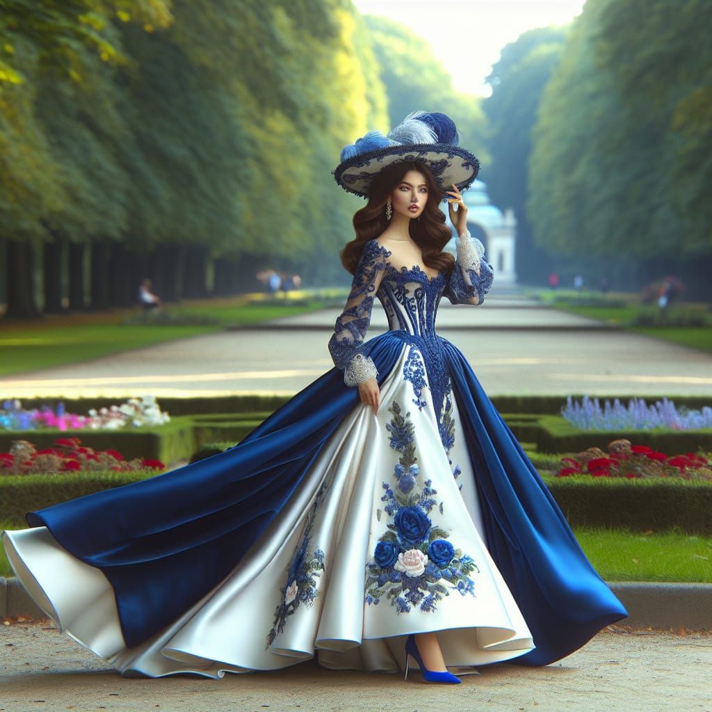 Elegant Woman in Blue and White in Summer Park