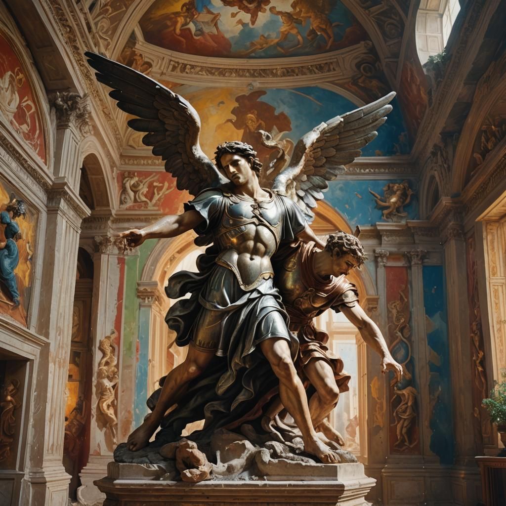 Renaissance Sculpture: Angel vs. Demon in Roman Room