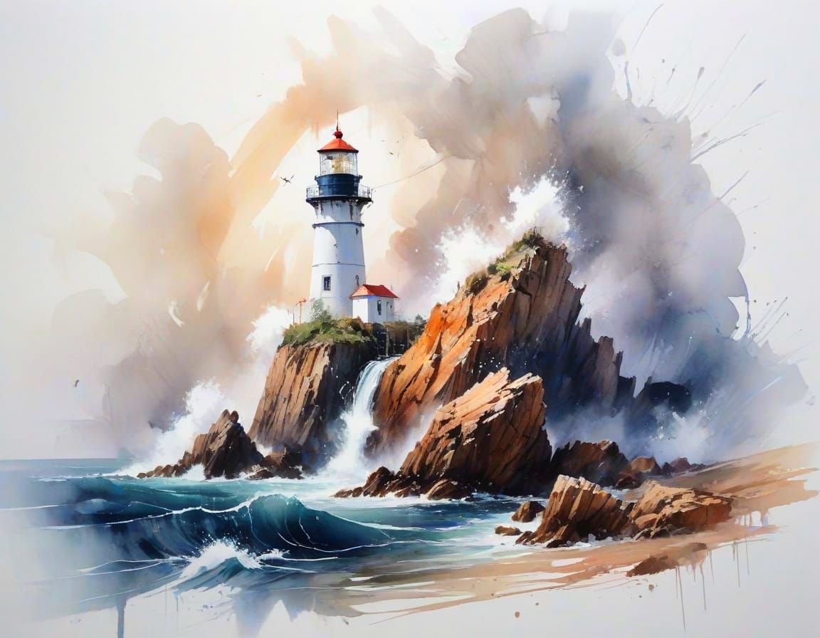 Stormy Lighthouse Beacon in Watercolour Style