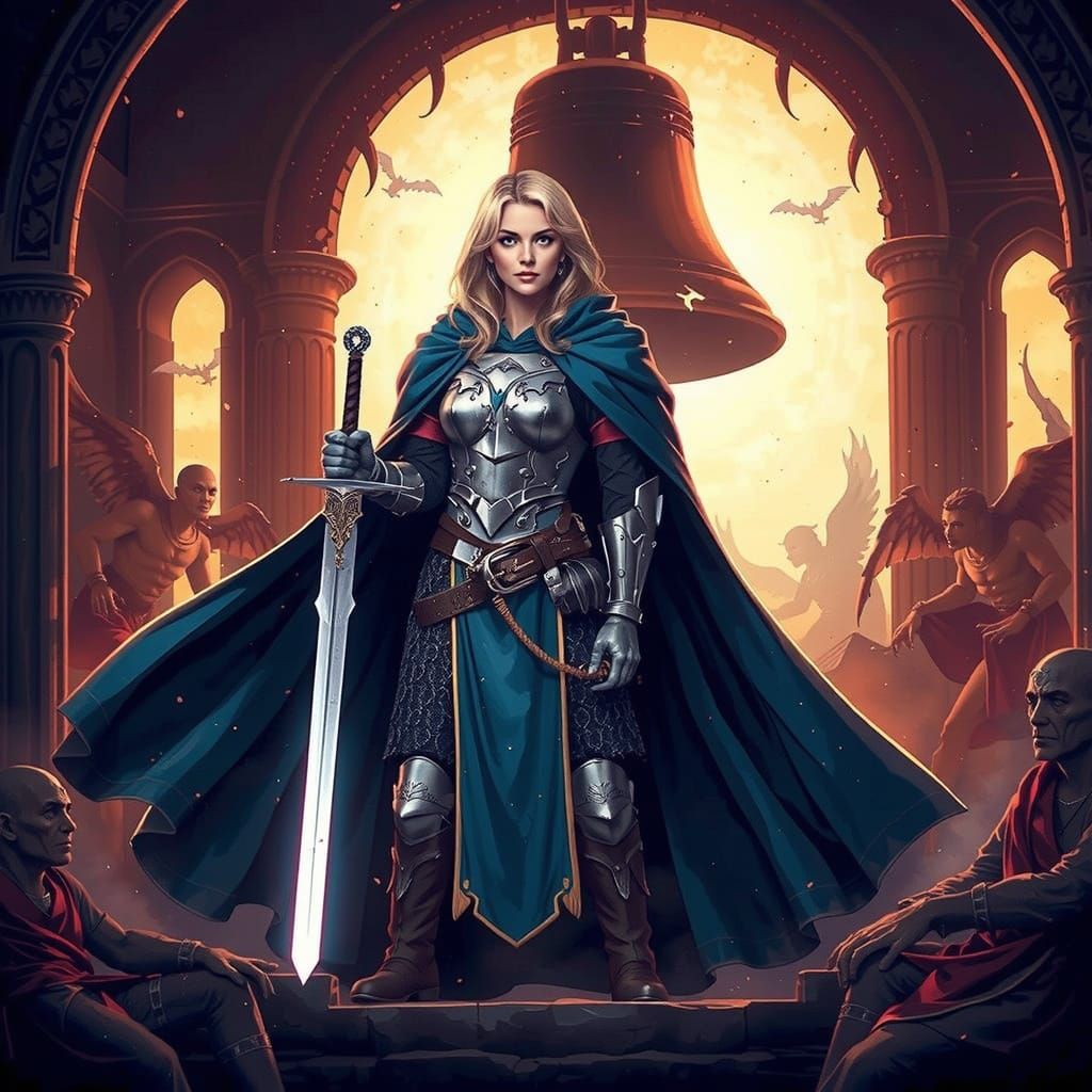 Cel-Shaded Paladin Woman in Ruined Belltower